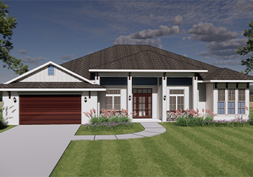 Exterior view of a single-story home with a wide driveway and landscaped yard