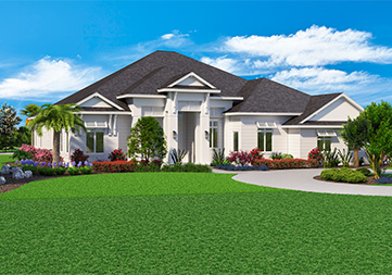 Front view of a luxurious home with large windows and a manicured lawn