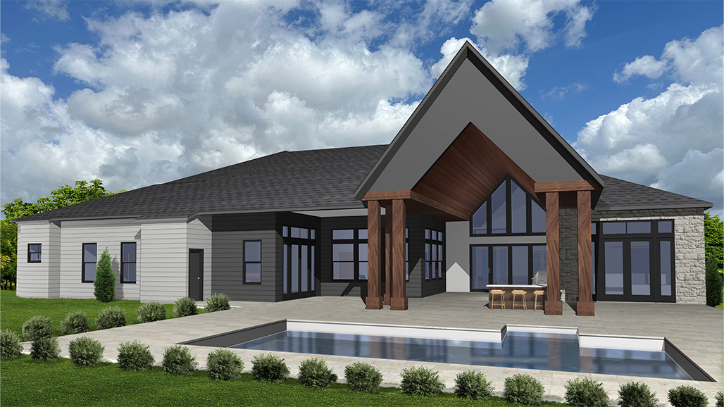 Backyard view of a modern home featuring a swimming pool