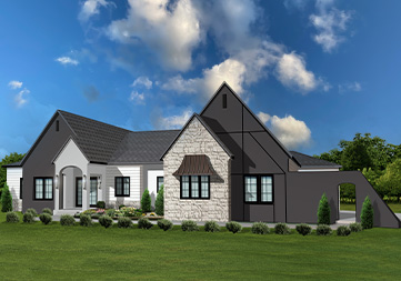 Front view of a stylish home with a mix of brick and siding exterior