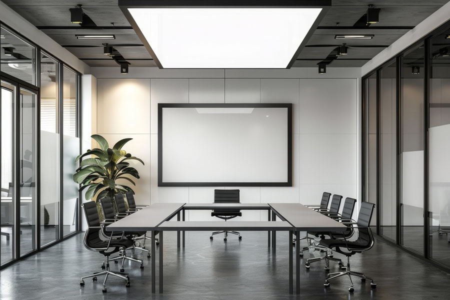 A conference table is set in the middle of a glass enclosed meeting space with a white board on the back wall