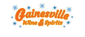 The image shows Gainesville Wine & Spirits in retro orange script with blue starbursts surrounding the text, all on a white background.