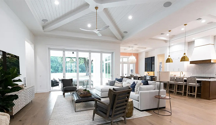 Open living area with modern furniture and large windows